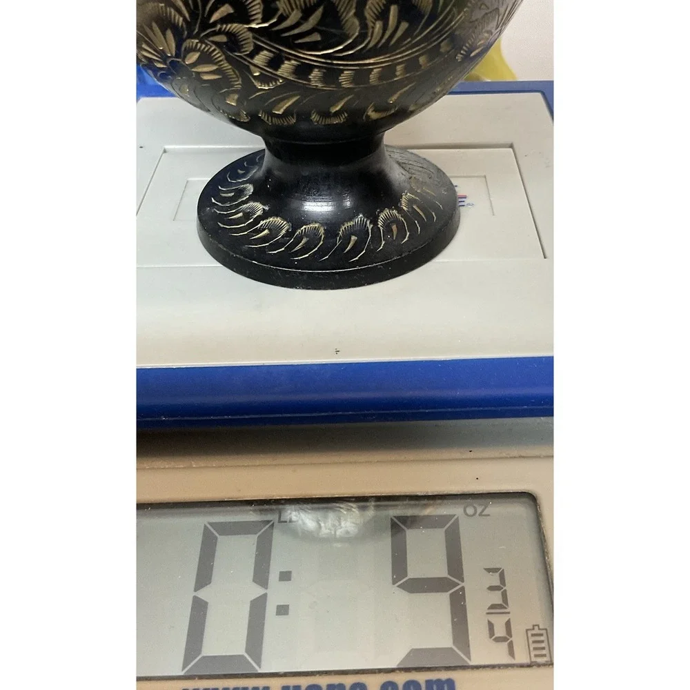 Vintage Indian Globe-Like Body Brass Hand Etched‎ Black Gold Bud Vase Scalloped